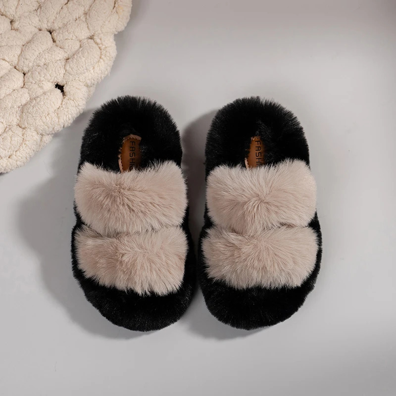 Girl slider fur open toe tricolor family outdoor childrens slider winter fashion slider casual fully matched childrens shoes 241022