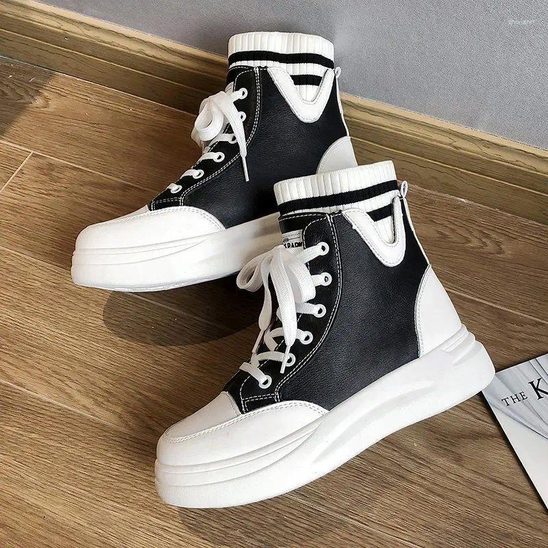Boots Booties With Laces Leather Sports Short Shoes For Women Flat Female Ankle High Platform Sneakers Lace-up Footwear Goth Pu