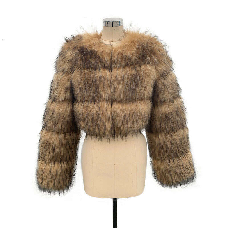HJQJLJLS Winter New Arrival Women Crop Faux Raccoon Fur Coat Female Fashion Warm Long Sleeve Fluffy Short Furry Jacket