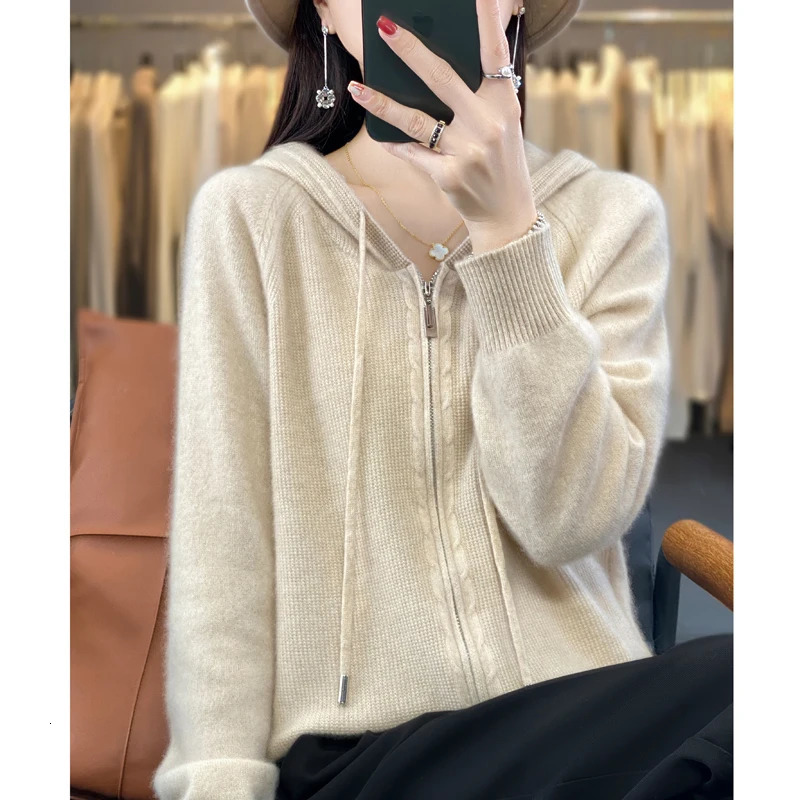 100% cashmere sweater womens hooded cardigan fashionable loose cashmere sweater womens thick top Korean version 241022
