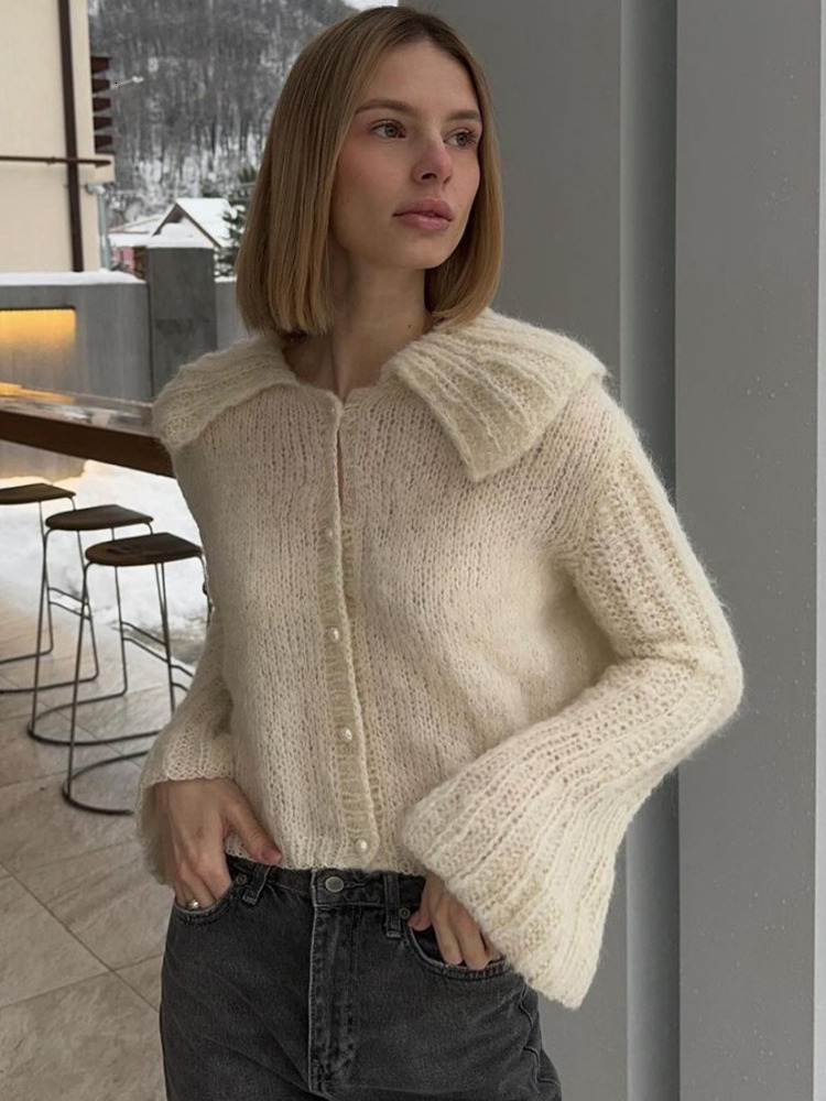 Women Turndown Collar Flare Sleeve Solid Cardigan Chic Single-Breasted Female Casual Knitwear Autumn Commute Lady Cardigans