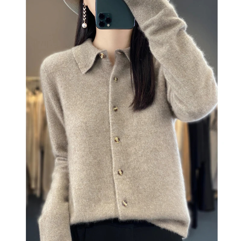 Womens collar pure wool cardigan autumn and winter merino cashmere sweater long sleeved formal knitted top S-XXL 241022
