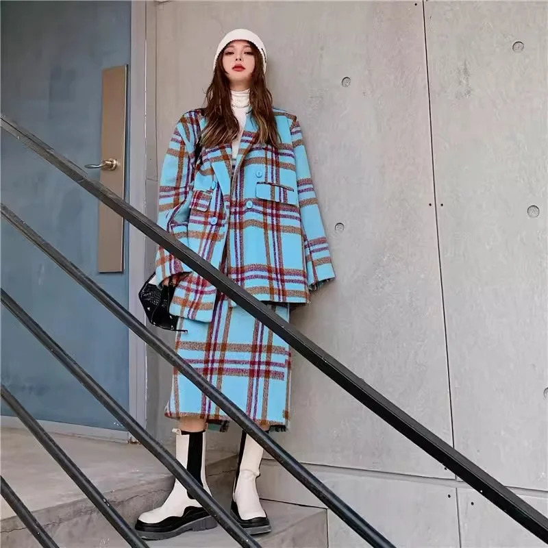 Checkered Suit Jacket for Womens Autumn/Winter Hong Kong Style Retro Small Fragrant Half Skirt Two piece Set Trendy 241023