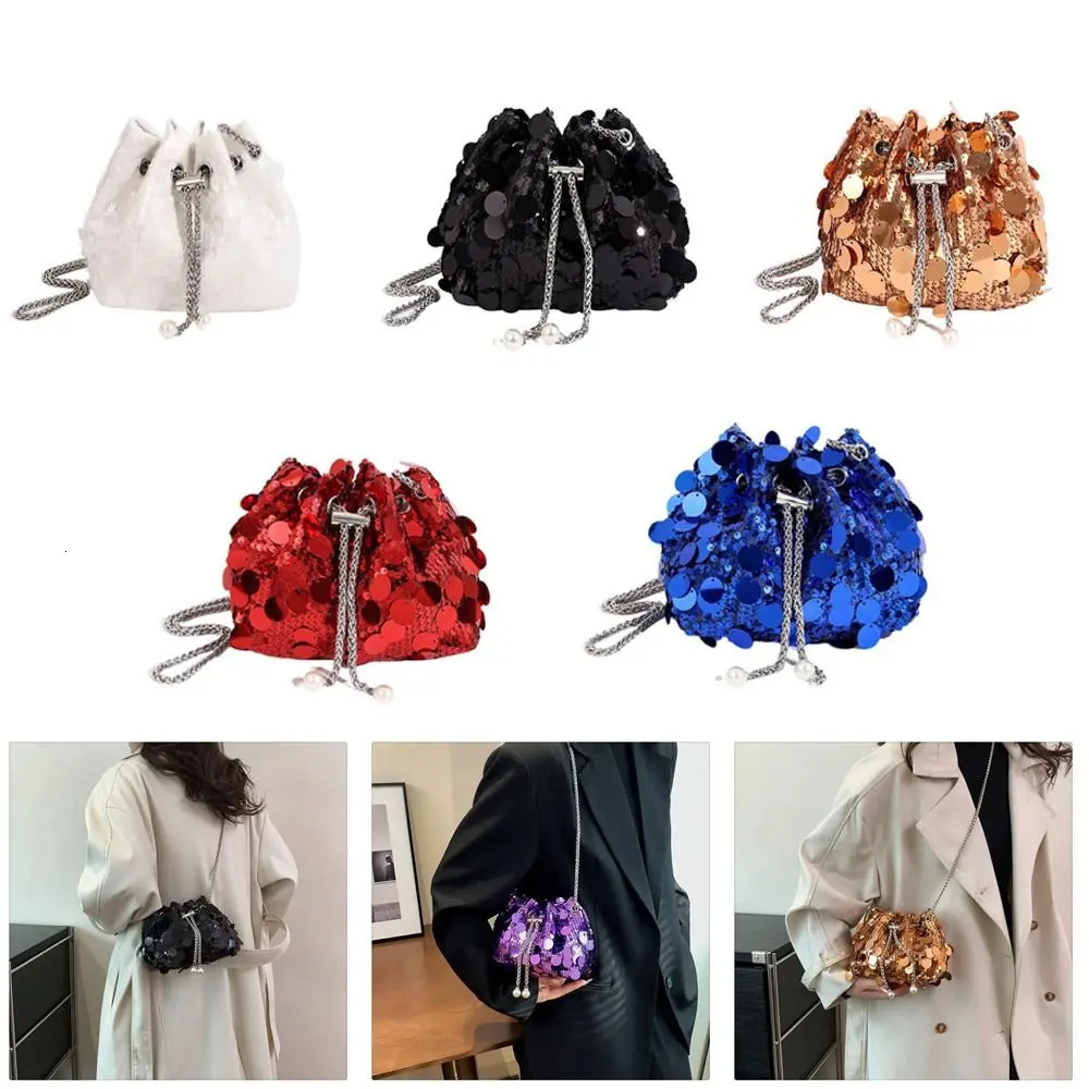 Womens shoulder sequin drawstring chain cross body bucket bag large capacity handbag 241023 zhanyishengli