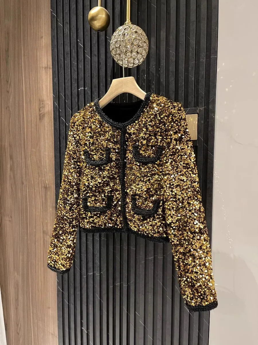 sparkling sequin short jacket for women French gold single chest coarse tweed woven set Casaco jacket 241023