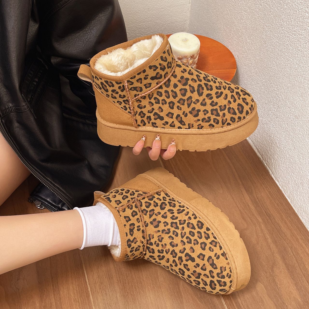 Winter Women's Snow Boots Thickened Plush Warm Leopard Print Cotton Boots