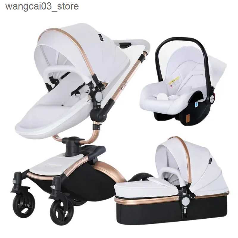 Strollers# Landscape baby carriage PU leathe Baby stroller 3in1 Two-way High r Foldable shock-absorbing eggshell stroller 2in1 L240910
