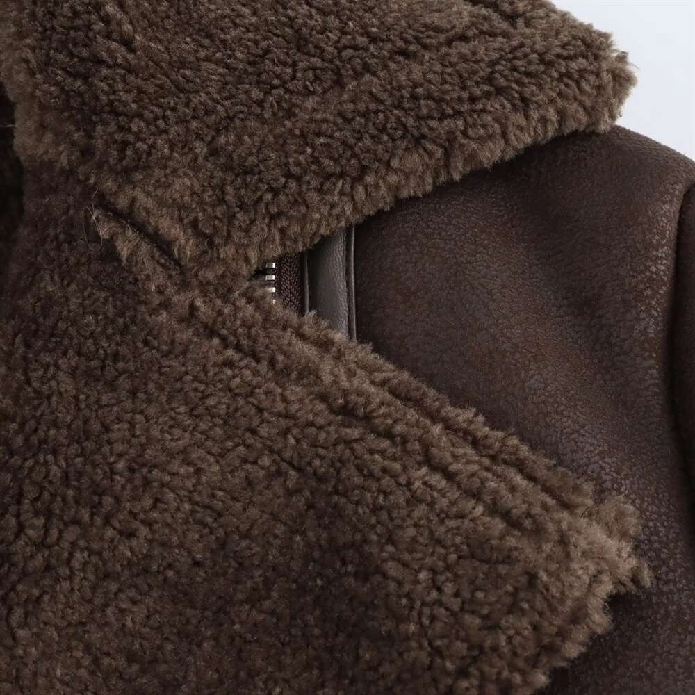Pb&Za2024 Autumn/Winter New Product: Leather And Fur Integrated Double Sided Collar Long Sleeve Short Cotton Jacket Coat