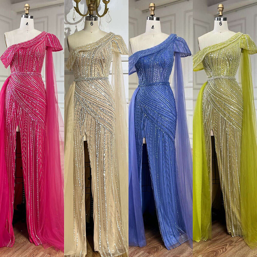 Serene Hill Arabic Blue One-Shoulder Yellow High-Split Mermaid Beaded Evening Gown for Women | Wedding Party 2024 LA72596