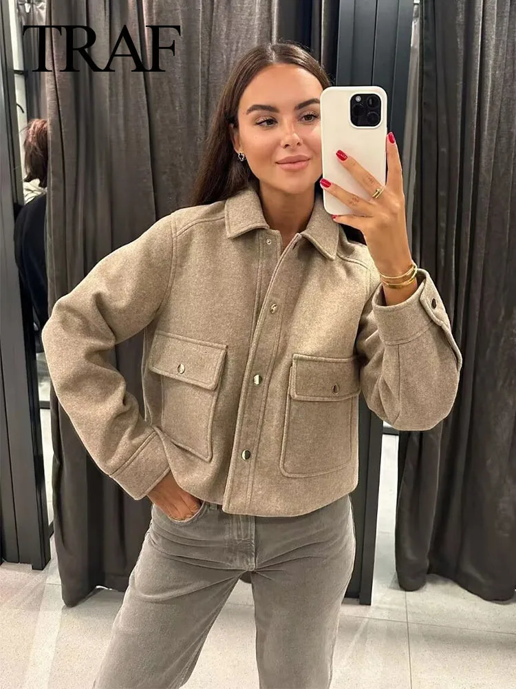 TRAF Womens Button Collar Jacket Womens Soft Coarse tweed Casual Coat Fashion Single Chest Short Coat Top 241023