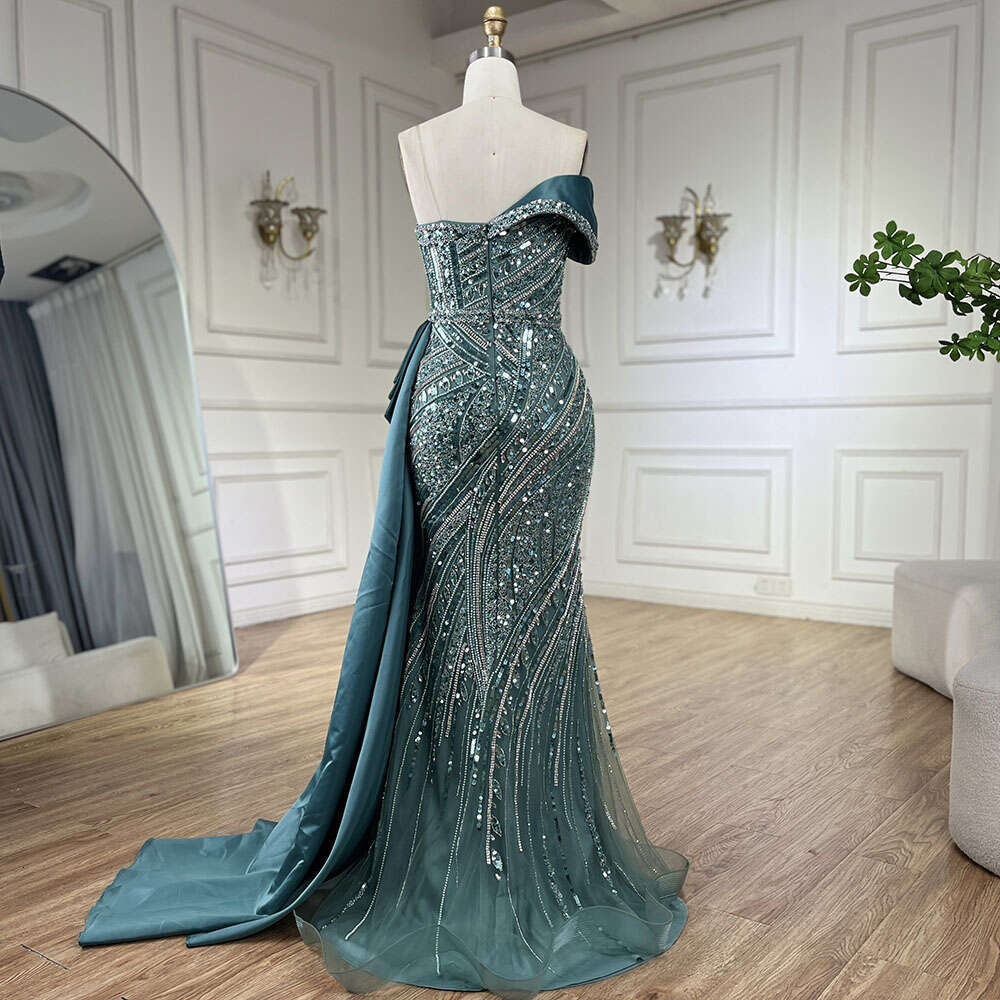 Serene Hill 2024 Arabic Turquoise Beaded Evening Dresses Dubai Elegant One Shoulder Women Party Gown