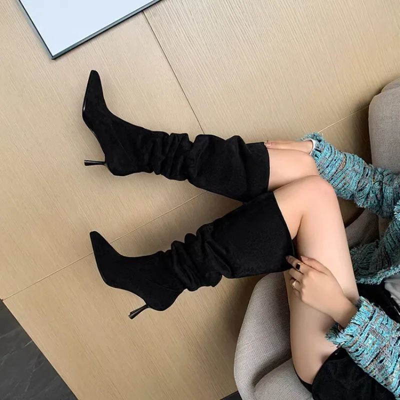 Womens autumn boots heels knees high designer shoes sexy and elegant Mochaxin retro fashion black 2023 trend 241106