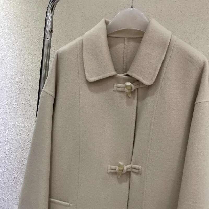 Rose Long Cashmere Autumn/Winter Woolen Horn Buckle Doll Collar Loose Version Double-Sided Handmade Women's