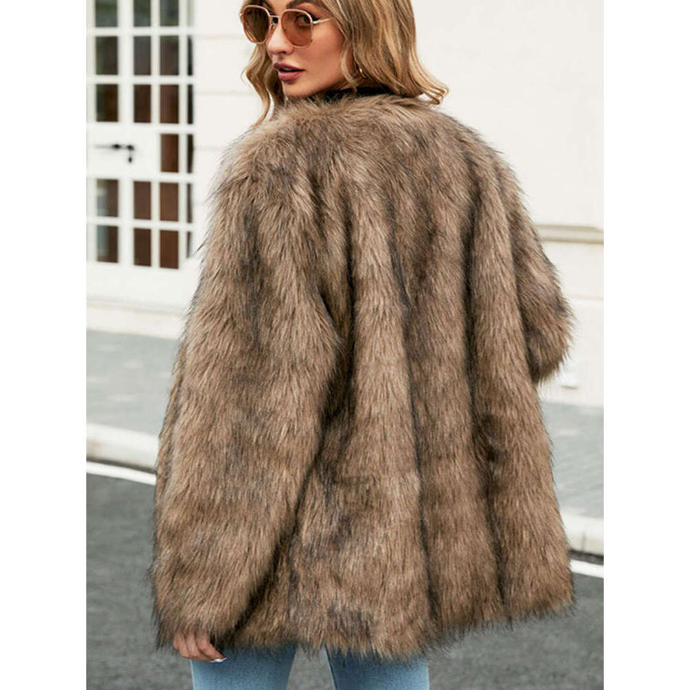 Fashion Faux Fur Coat Women Elegant Turn Down Collar Female Medium Long Coats 2024 Winter Warmer New High Street Ladies Jacket