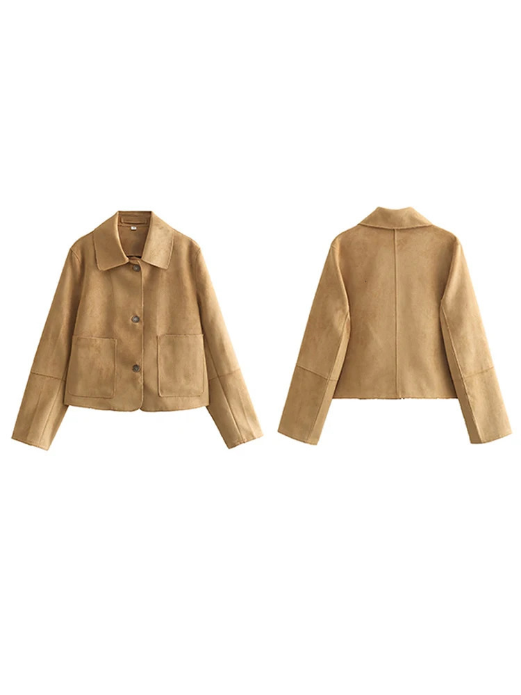 Autumn artificial suede womens jacket fashion lapel single chest short sleeved pocket womens jacket womens jacket 241023