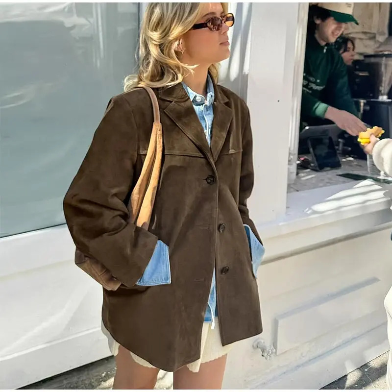 Retro womens jacket autumn long sleeved lapel loose womens jacket fashionable single chest casual suede womens jacket 241023
