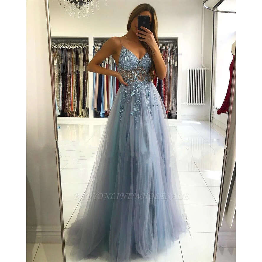 Chamapgne Blue Pink Stunning Prom Dresses A E Spahgetti Straps Split Evening Gowns With Beads Sequins Backless Party Vestidos Bc5488 vening