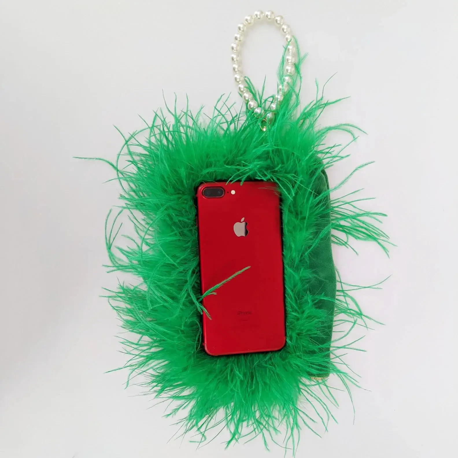 Ostrich Feather womens bag mini wallet pearl chain clutch romantic fur fluffy party peach fuzzy 241023