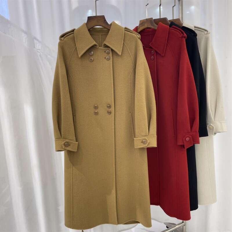 Rose Mid-Length Double-Sided Cashmere Female Double Breasted Elegant Lapel Woolen Autumn Winter Lace-Up Coat Women