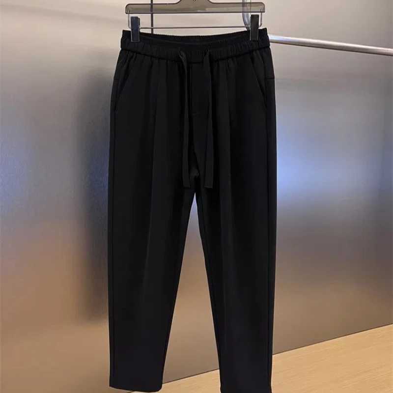 Simplicity Fashion Casual Summer Solid Ice Silk Mens Elastic Waist Drstring Pocket Trend Versatile Loose Straight Suit PantsX241023