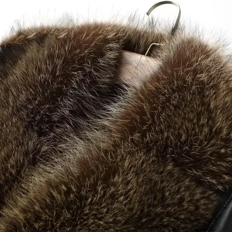 Haining Fur One Person Wool Thick Leather Coat Sheepskin Raccoon Large Fur Collar Medium Long Mens Wear 241023