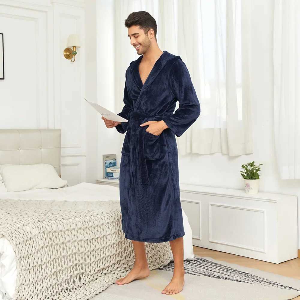 Autumn and Winter Warm Bath Dress Solid Color Hoodie Kimono Mens Soft Home Clothes Pocket Nightfruit W241023