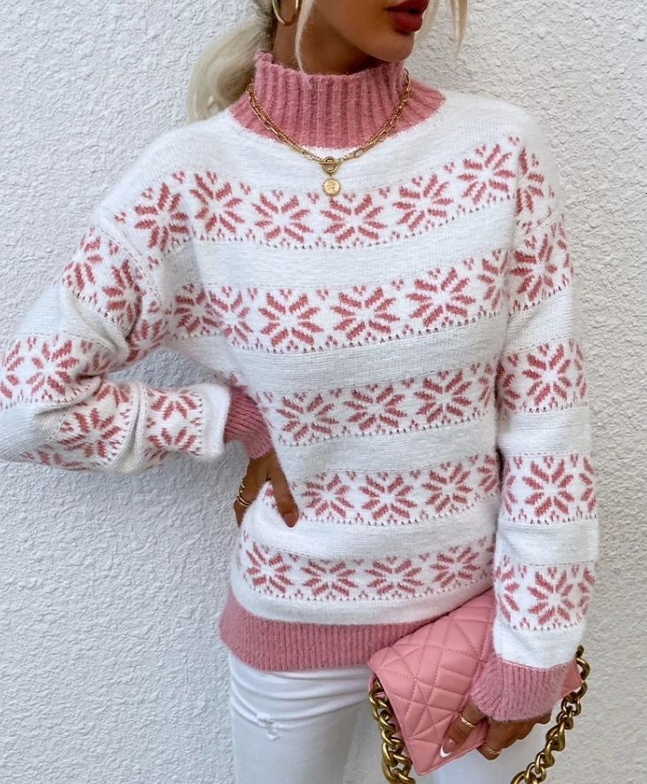 Elegant Knitted Sweater Half High Neck Christmas Snowflake Womens Top 2025 Autumn Winter Spring Fashion Casual 241021