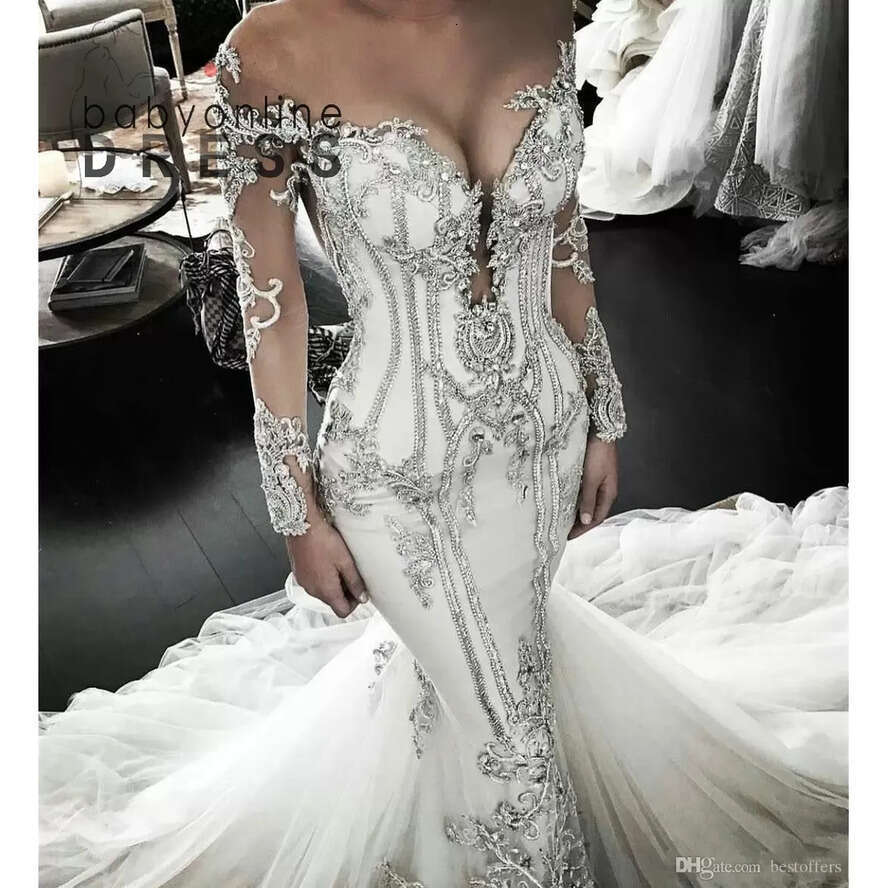 Sleeve Mermaid Long Vintage Wedding Dresses Crystal Beaded Plus Size Bridal Dress Sweep Train Sheer Jewel Neck Vestido De Novia