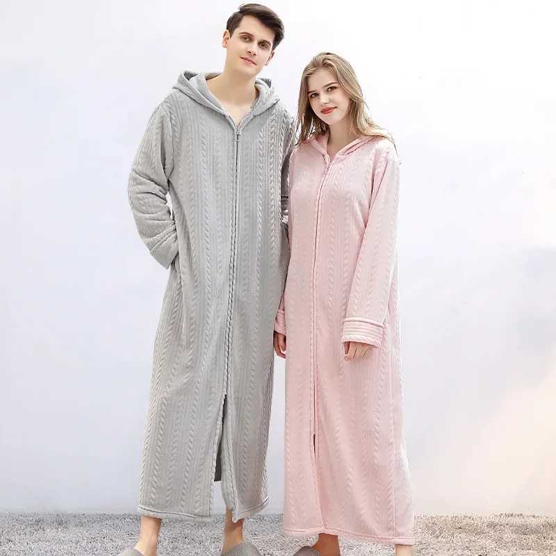 New couple shower clothes winter Spwear warm bath clothes mens flannel bathrobe hooded long skirt pajamas mens zipper dress W241023
