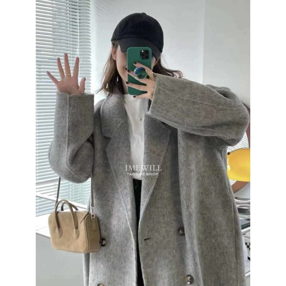 Rose Gray Double-Sided Cashmere New Winter Korean Comfort Rabbit Fashion Long Loose Wool Coat Women