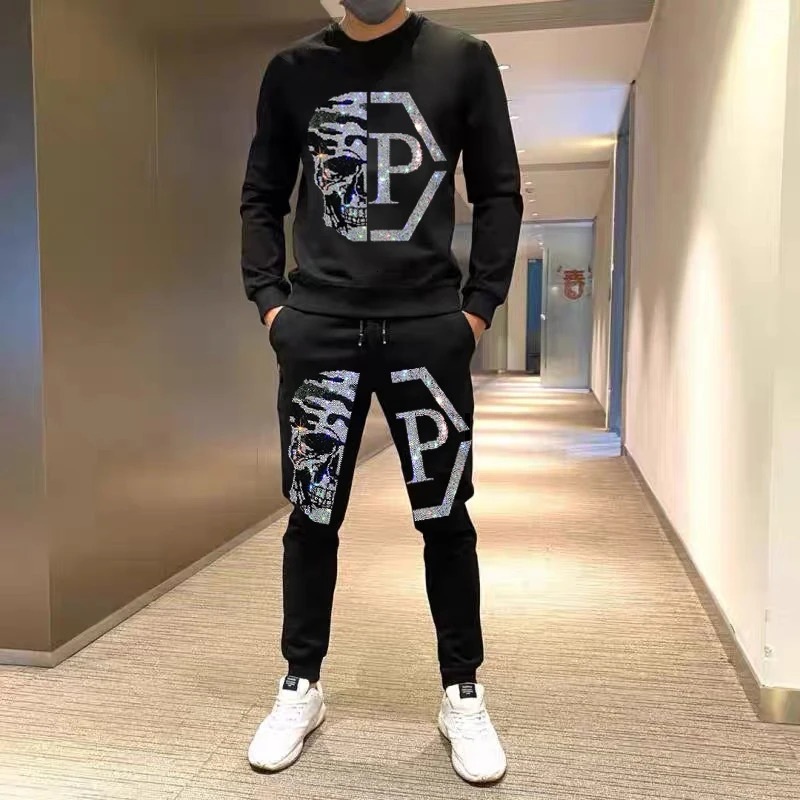 Mens set diamond hooded sweatshirtpants two-piece casual track and field wear mens sportswear clothing sweater set Rheinstone 241023