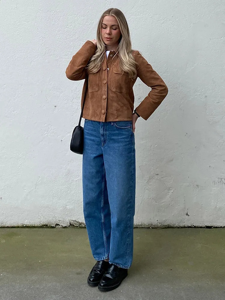 Fashionable brown collar single chest half season womens jacket retro long sleeved suede jacket womens casual street jacket 241023