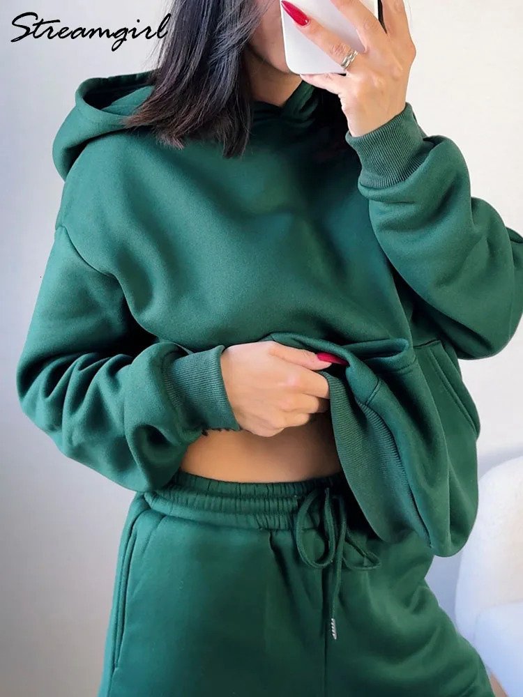 Winter sportswear set womens wool hooded two-piece set casual loose winter warm womens two-piece set 241023