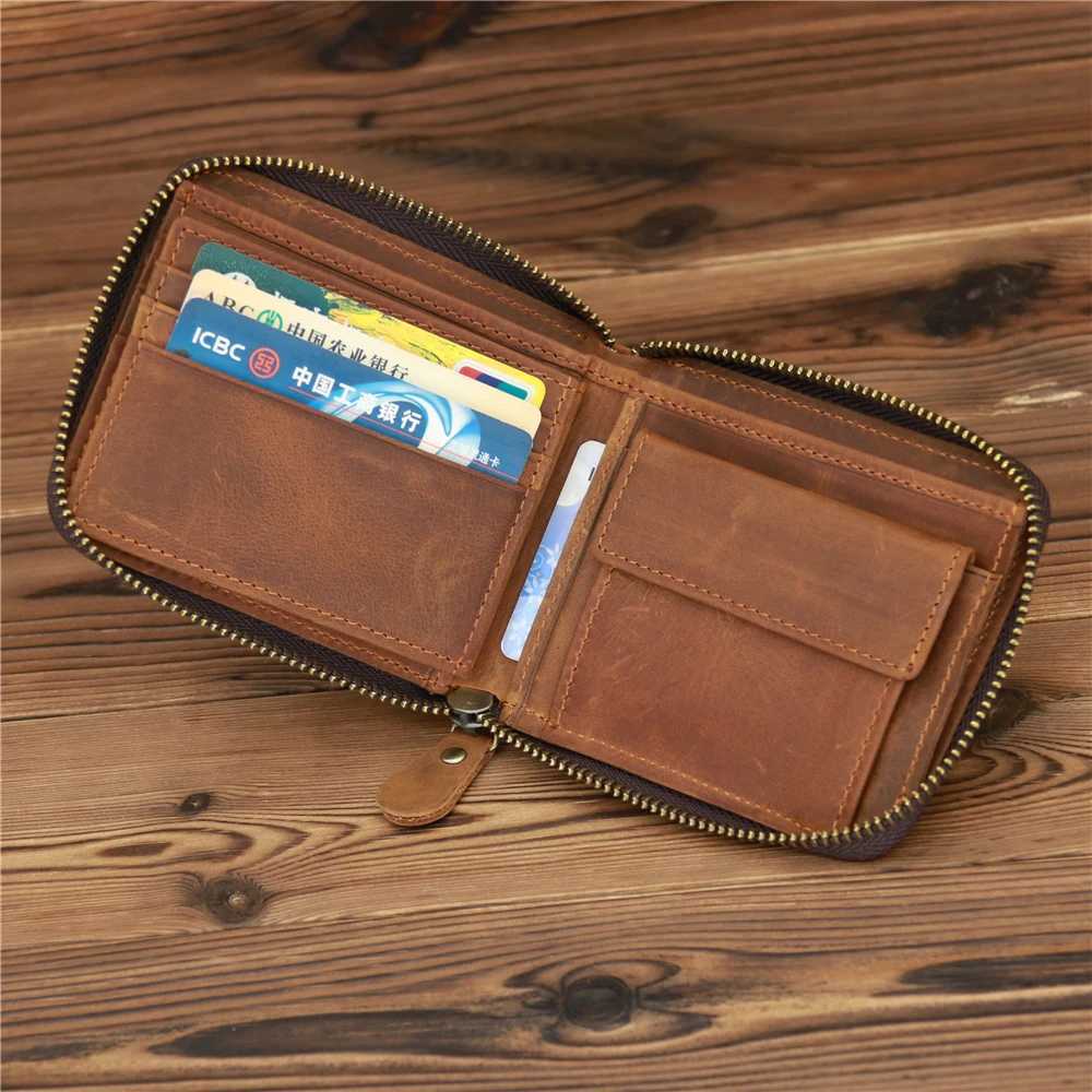 Mens leather zipper wallet card holder cash coin pocket mens large solid standard wallet Z250411