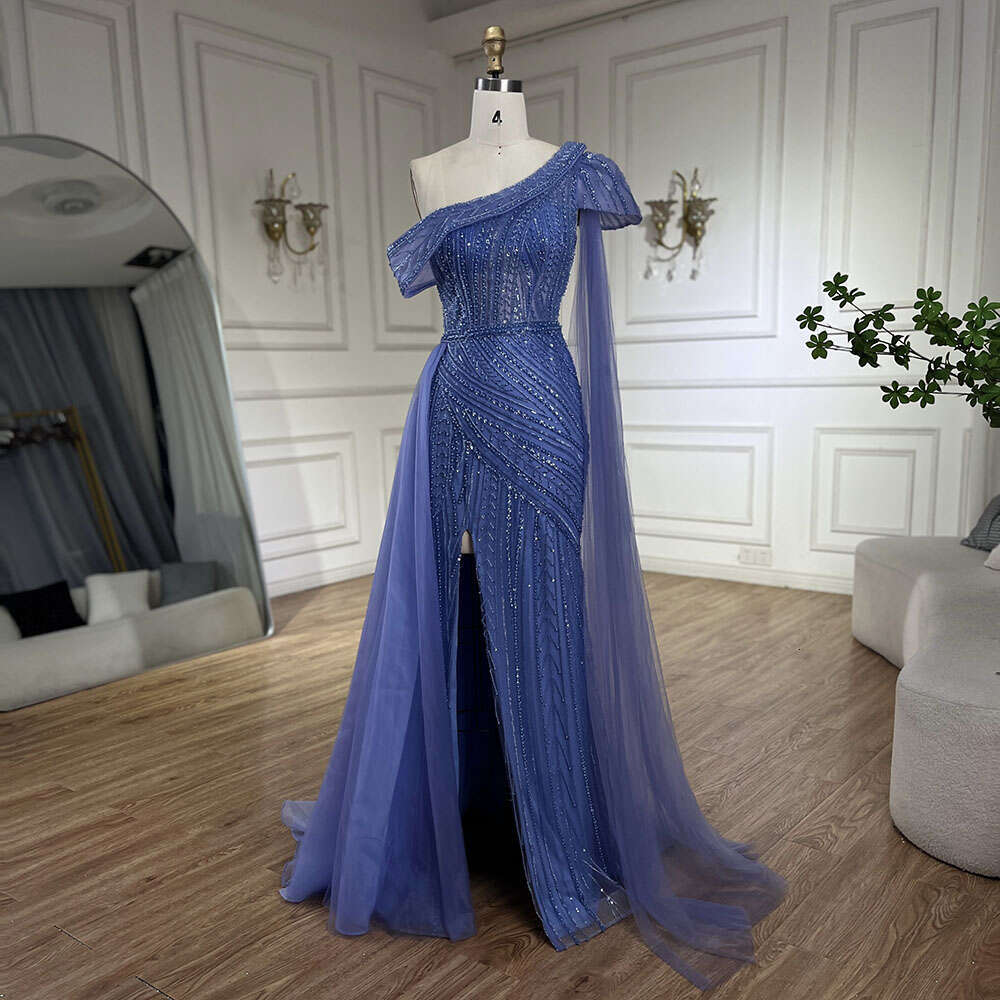 Serene Hill Arabic Blue One-Shoulder Yellow High-Split Mermaid Beaded Evening Gown for Women | Wedding Party 2024 LA72596