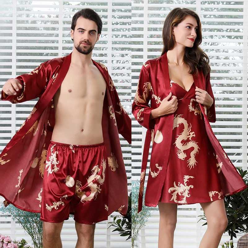 Large size 2PCS kimono bathroom dress couple Spwear home dress printed satin evening dress womens slippers evening dress mens long robe casual wear W2
