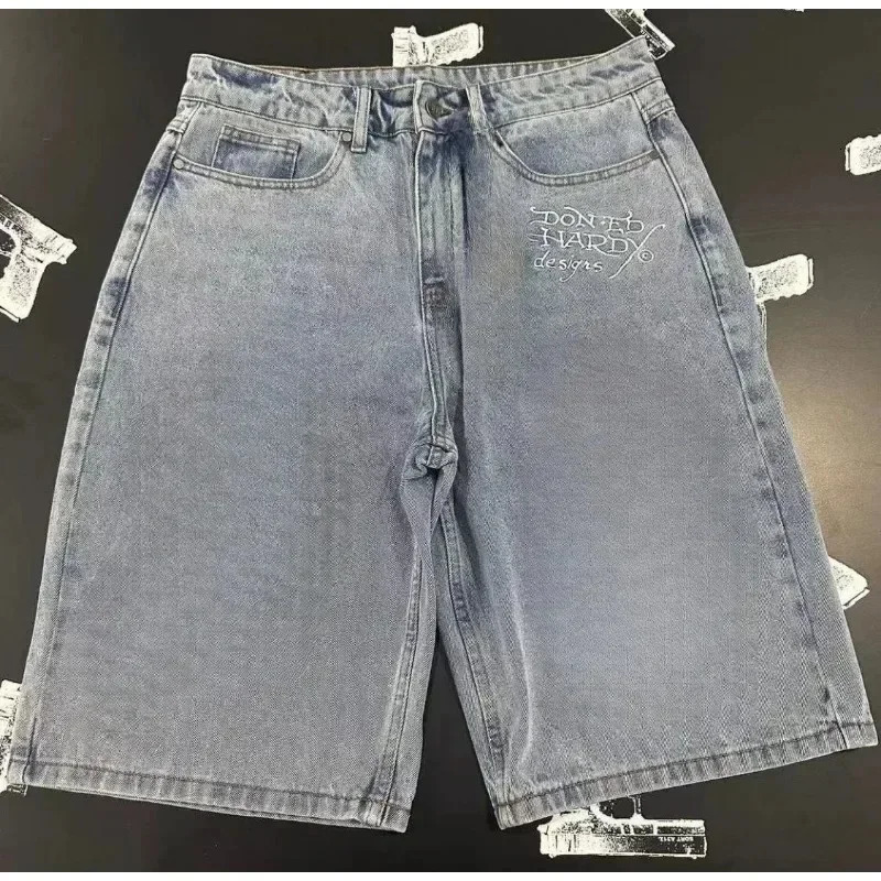 90s pocket shorts mens fashion letter denim shorts retro Harajuku hip-hop gothic punk gothic wide leg pants street wear 241019