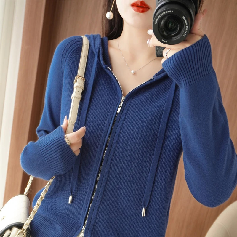 100% cashmere sweater womens hooded cardigan fashionable loose cashmere sweater womens thick top Korean version 241022