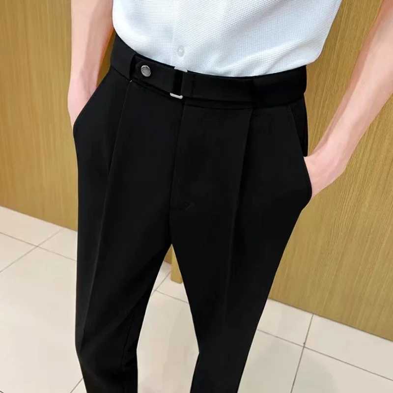 Draped with Belt Man Suits Pants Gray Fluid Trousers for Men Elegant Work Wear Fashion Vintage New in Slacks Tailoring Fabric UpX241023