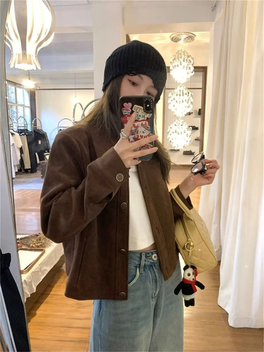 Korean fashion autumn womens top jacket retro curry suede lapel long sleeved single chest short jacket 241023