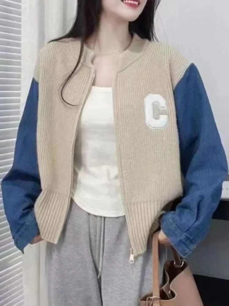 Denim Sleeve Jacket Splicing Knit Cardigan Sweater Womens Autumn Winter n Sense Fashionable Versatile Zipper Contrasting 241021