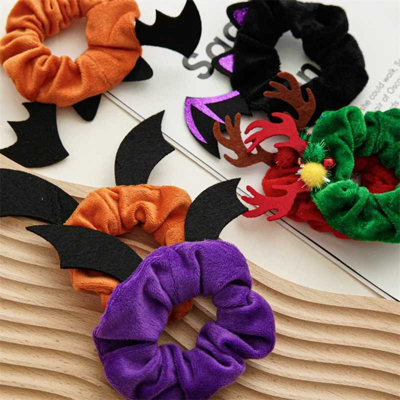 Cute Velvet Scrunchies Hair Loop Deer Horn Bat Hairband for Women New Halloween Headwear Christmas Hair Accessories GiftX241021