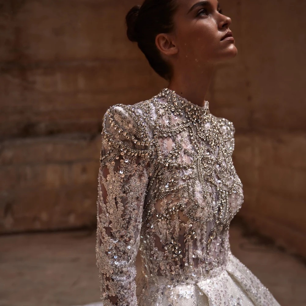 Urious Crystal Wedding Dresses High Neck Sequins Bride Gown A-E Bridal Dress Shiny Long Sleeves Custom Made Sweep Train Vestidos De Novia 0219