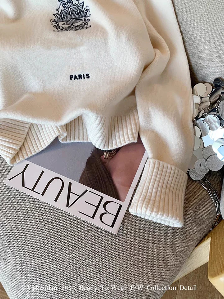 Letters Embroidery Round Neck Pullover Sweater For Women Autumn Spring 2024 Casual Loose Knitted Tops Streetwear F447 241018