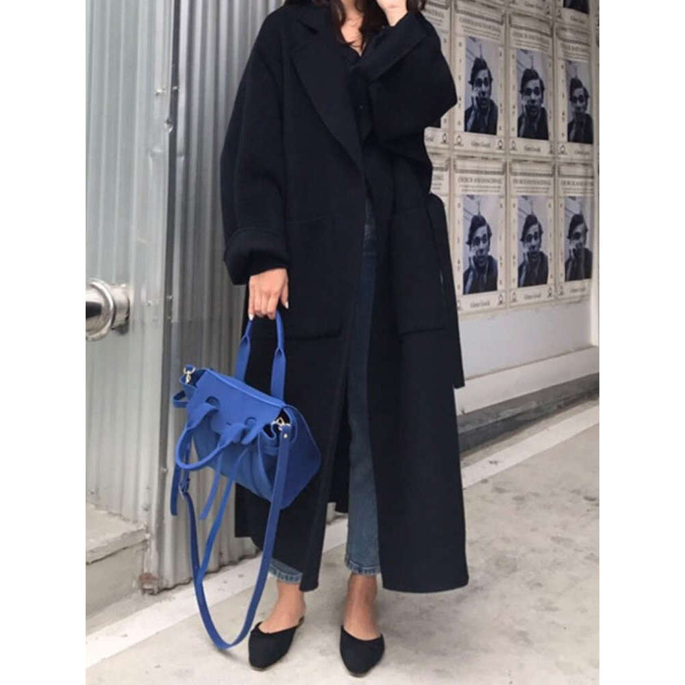 Rose Gray Double-Sided Cashmere New Winter Lace-Up Loose Lapel Natural Wool Coat Long Wool Jacket Women