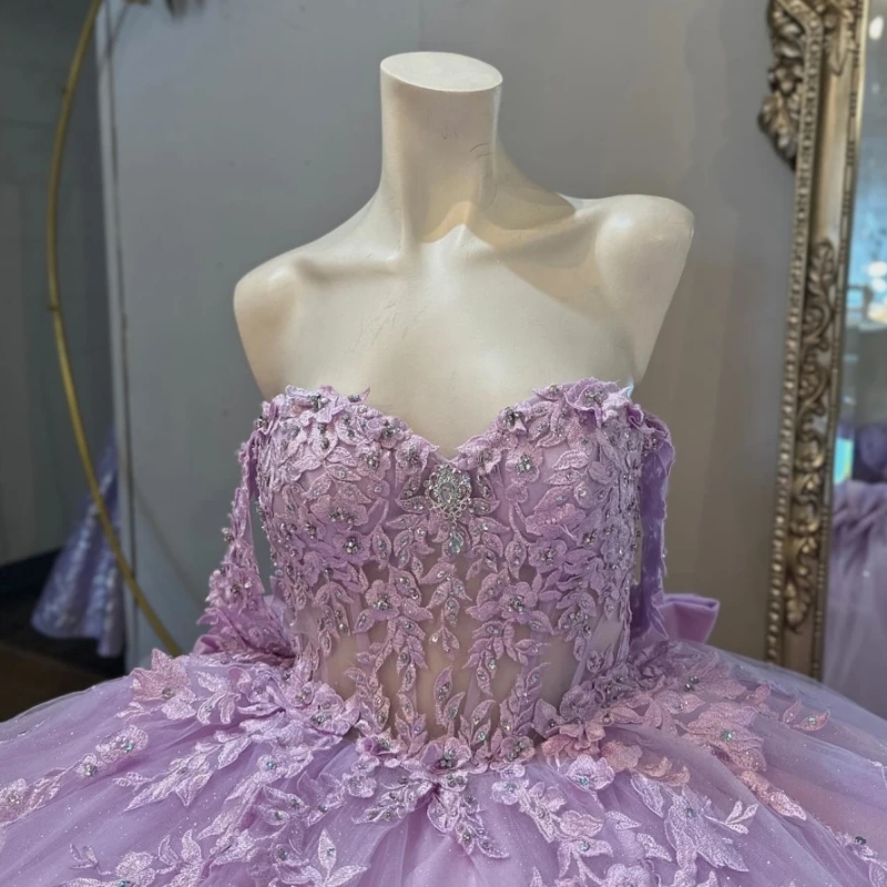 Lilac Shiny Princess Quinceanera Dresses Ball Gown Off The Shoulder Lace Applique Bow Beads Tull Mexian Corset Sweet 16 Dress Vestido De 15 Anos