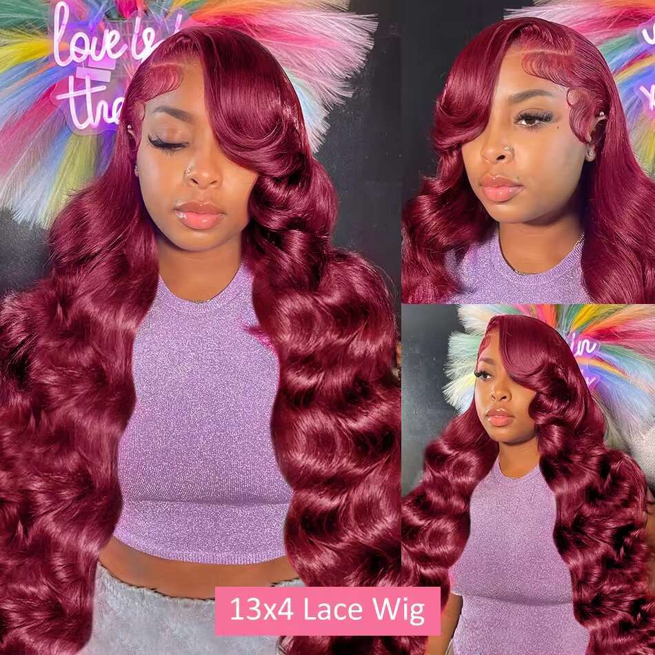 200% Body Wave Bury 99J Front 13x4 13x6 HD Lace Frontal Human Hair Pre Plucked 99j Red Colored Wig