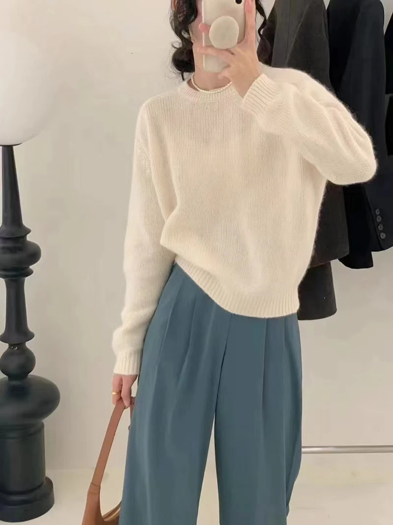 Highgrade autumn cashmere sweater womens crewneck loose pullover wool knit bottom lazy wind top 241021