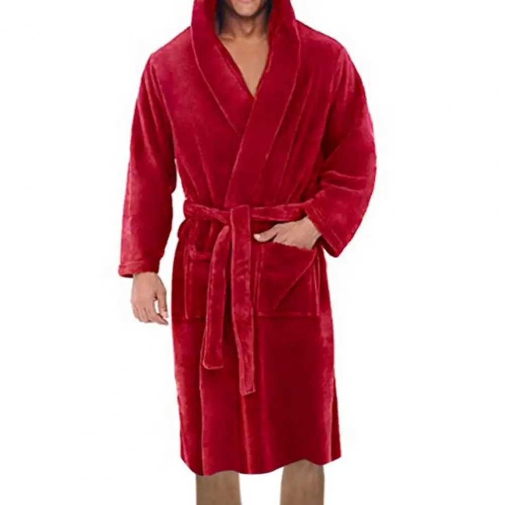 Solid color with flannel bathrobe hooded pocket warm mens pajamas long and thick absorbent looped bathrobe W241023