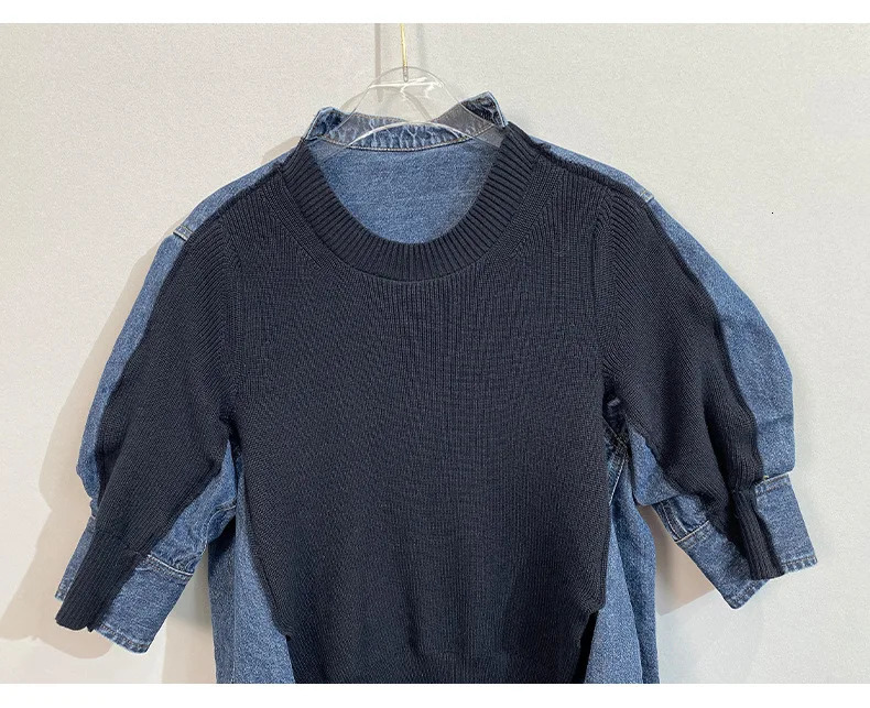 Spring Pullover Allmatch Sweater Top Denim Splicing Shortsleeved for Women Y4346 241021